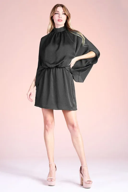 Black Hammered Satin Mock Neck Caftan Mini Dress