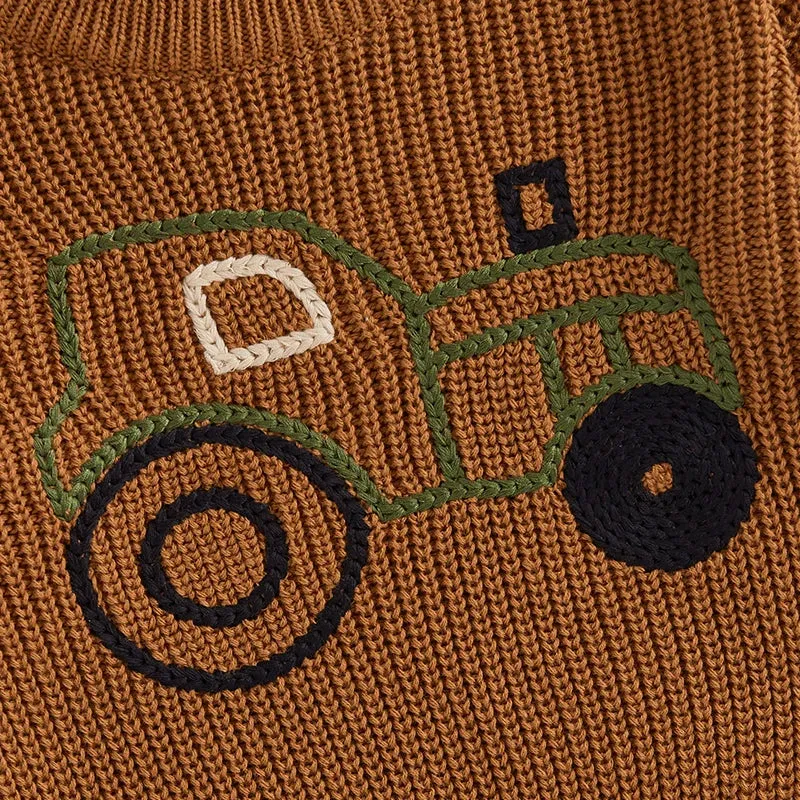 Brown Tractor Embroidery Pullover Knitwear