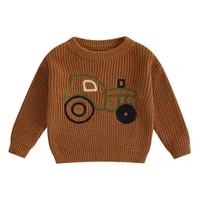 Brown Tractor Embroidery Pullover Knitwear
