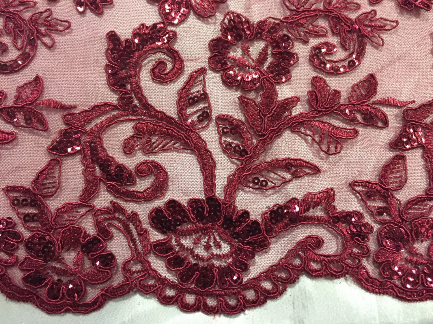Burgundy corded flowers embroider with sequins on a mesh lace fabric-wedding-bridal-prom-nightgown-dresses-fashion-sold by the yard.
