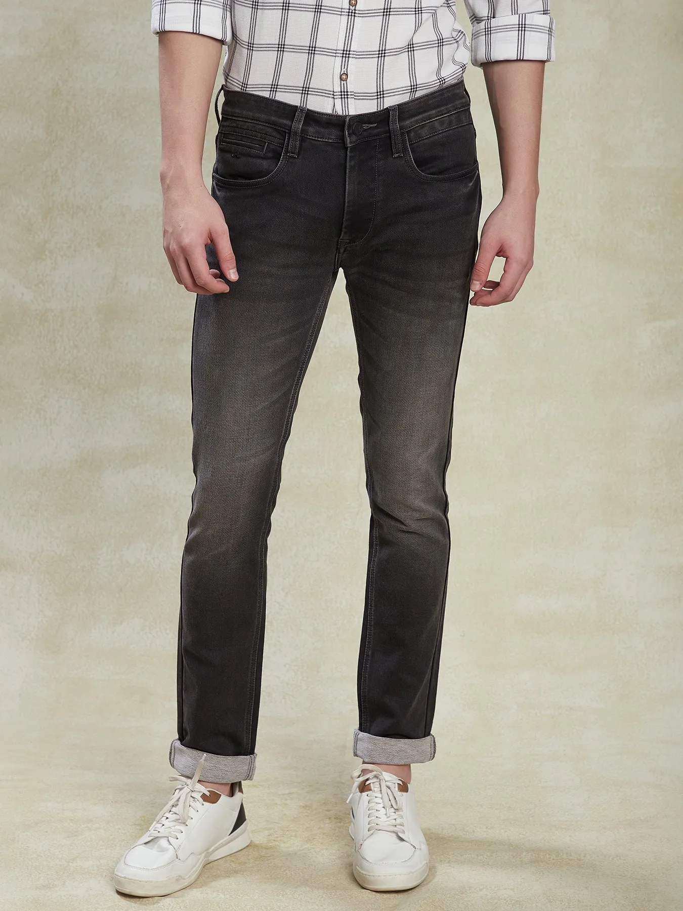 Cotton Stretch Dark Grey Narrow Fit Flat Front Casual Mens Plain Jeans