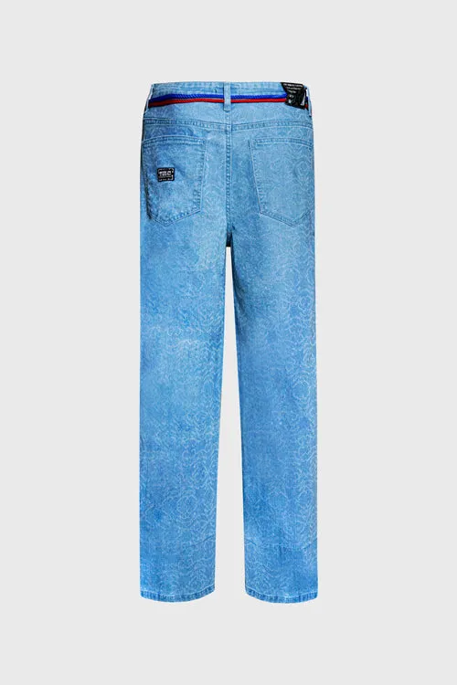 Laser Etched Pattern Denim Comfortable Jeans