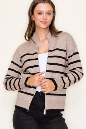 Mock Neck Striped Front Zip Cardigan