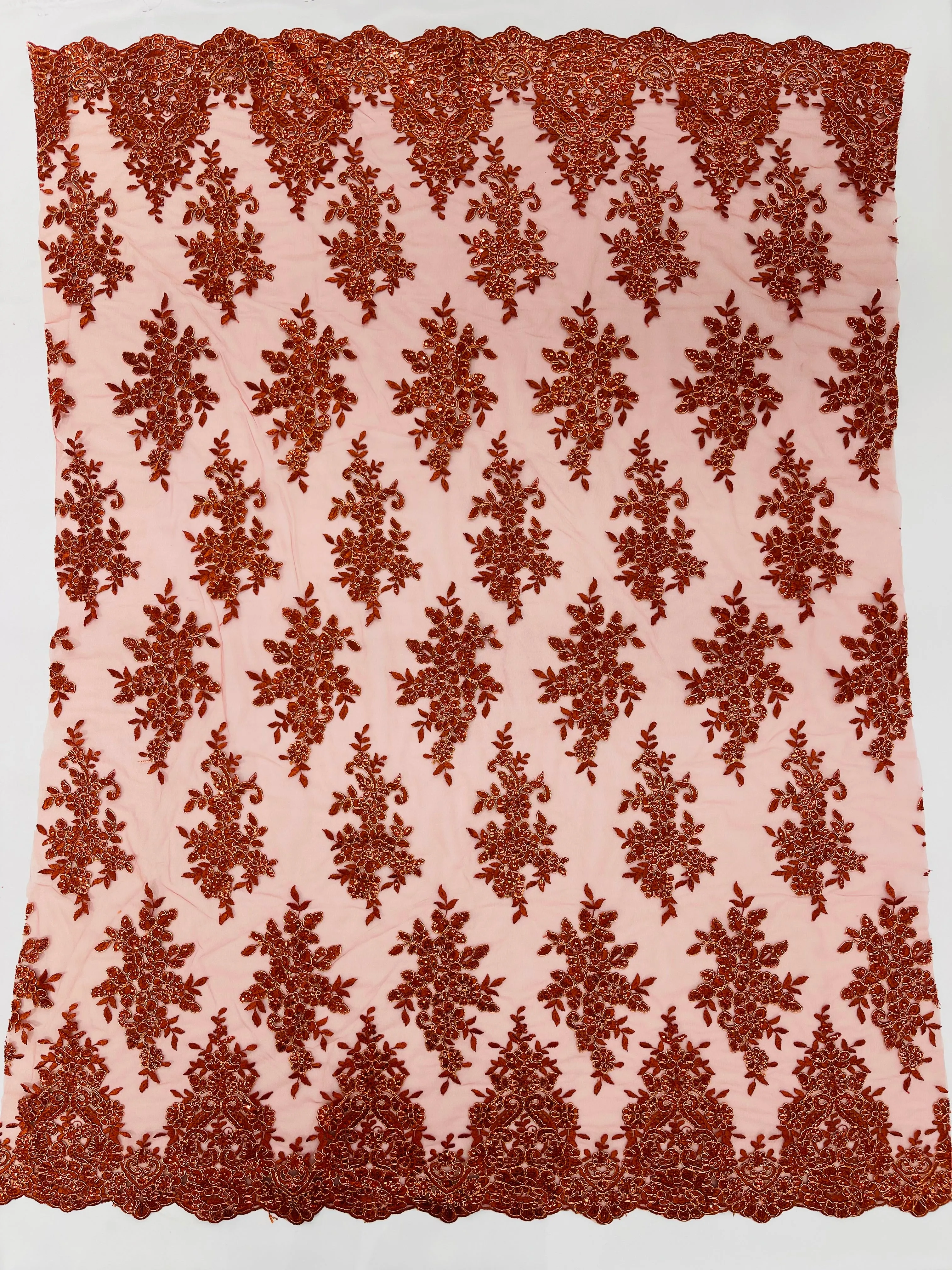 Rust Metallic corded embroider with sequins on a mesh lace fabric-prom-sold by the yard.