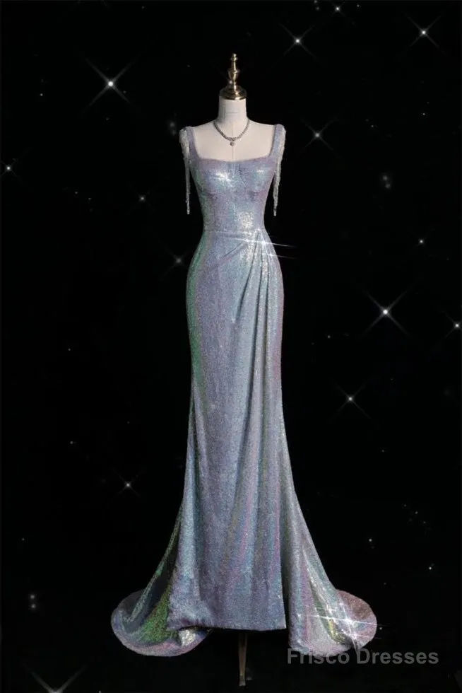 Sexy Mermaid Spaghetti Straps Sequin Silver Evening Gowns Long Prom Dresses