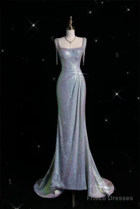 Sexy Mermaid Spaghetti Straps Sequin Silver Evening Gowns Long Prom Dresses